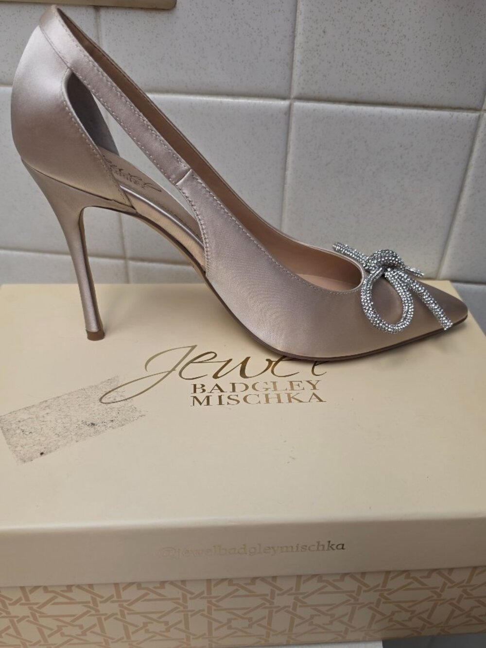 Jewel Badgley Mischka Rose Gold Satin Pointed-Toe Pump with Crystal Bow Accent